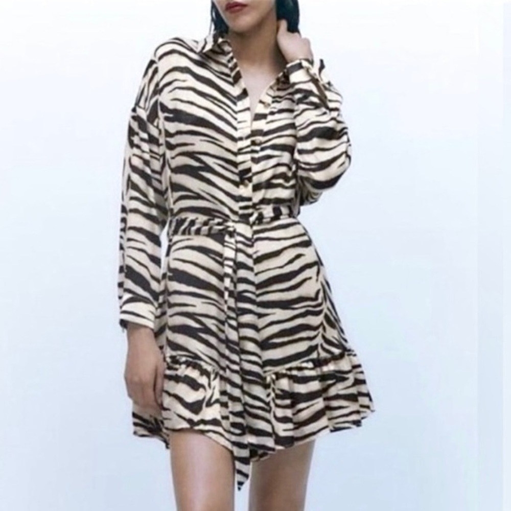NEW Zara Zebra Print Satin Effect Ruffled Hem Mini Shirt Dress XS SM NWT